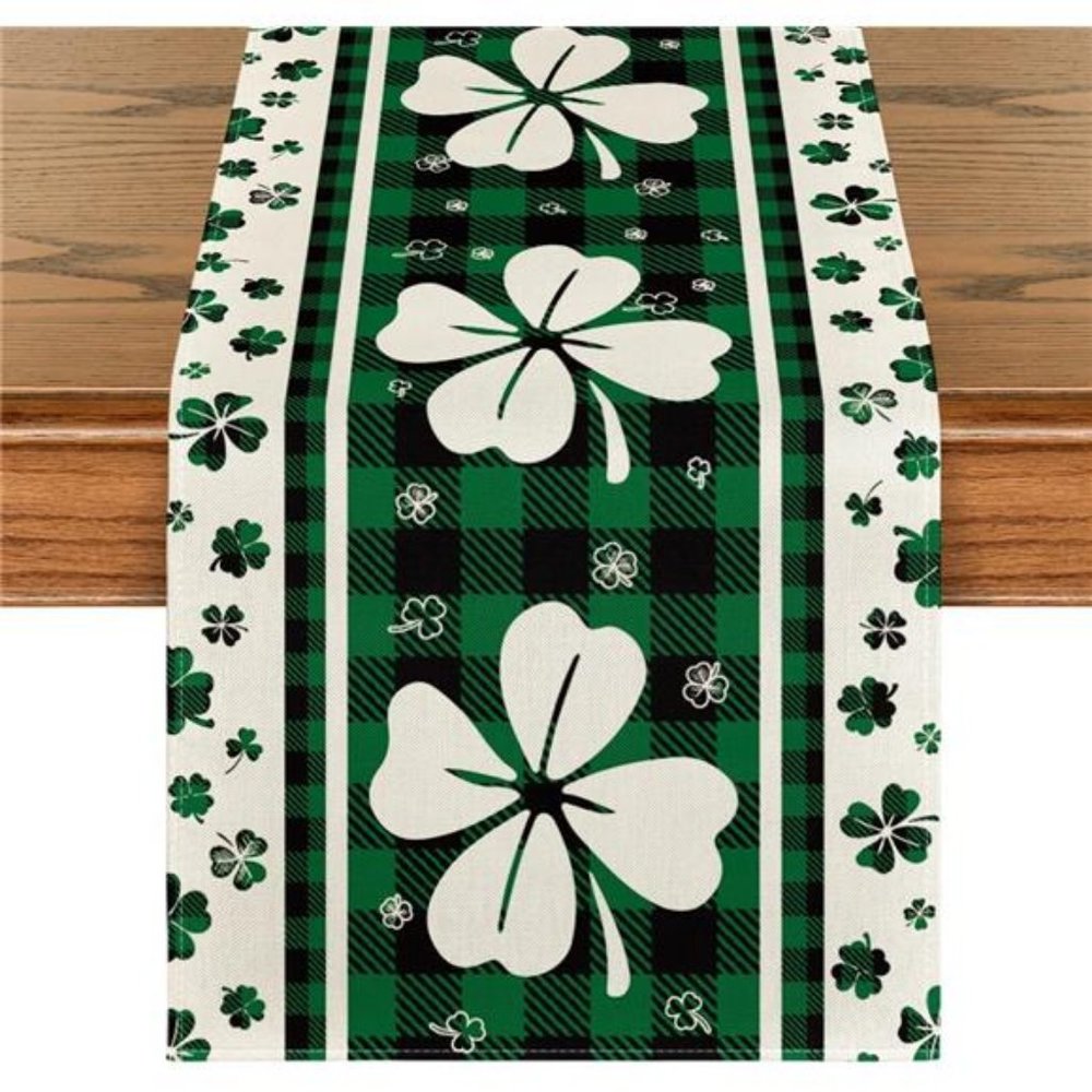 Green Clover Buffalo Plaid Shamrocks St.Patrick's Day Table Runner